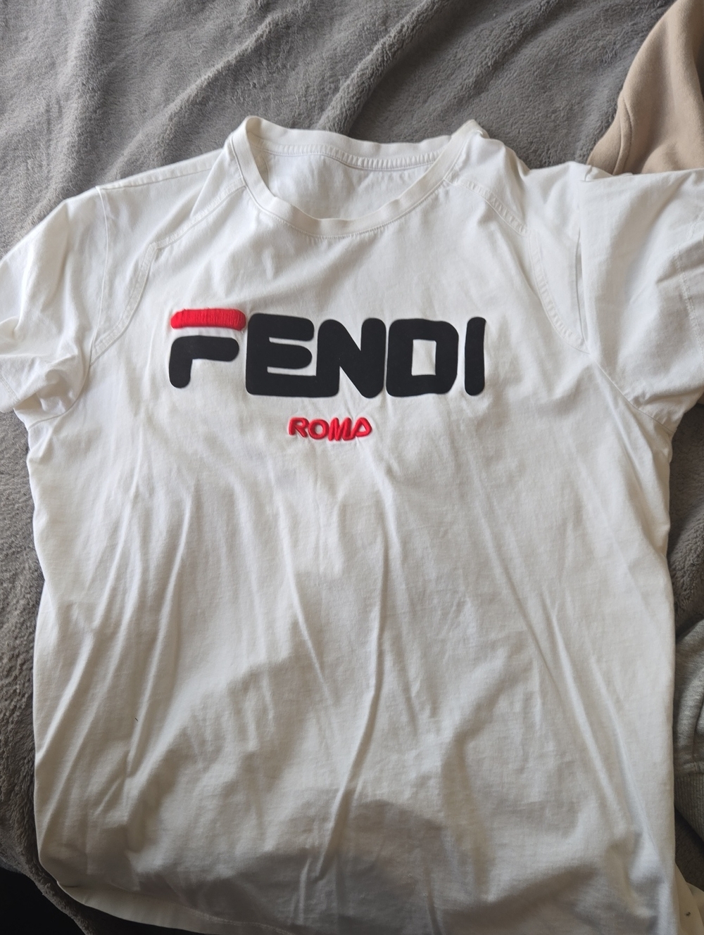 Fendi White Short Sleeve Tee with Black Logo and Red Accent